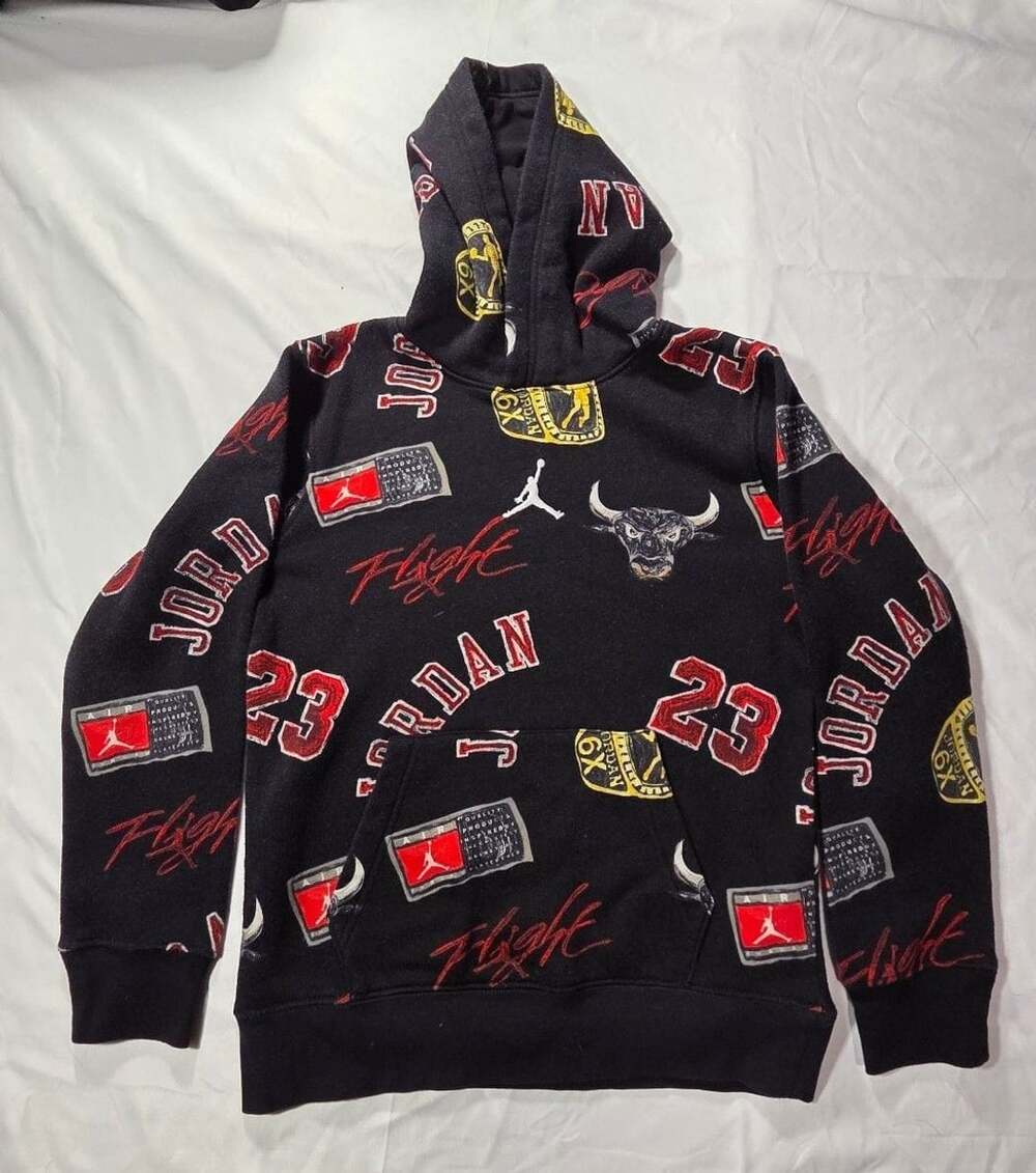 Jordan All Over Print Hoodie Size 10-12Y Black Red